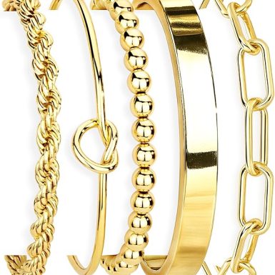 Gold Bracelets Set for Women Non Tarnish, 14K Gold Plated Sterling Silver Chunky Cuff Bracelet Stackable Gold Bangles Bracelet for Women Trendy Fashion Accessories Tie Knot Cuban Rope Paperclip Beaded Bracelet Stack Jewelry Mothers Day Gifts for Mom Birthday